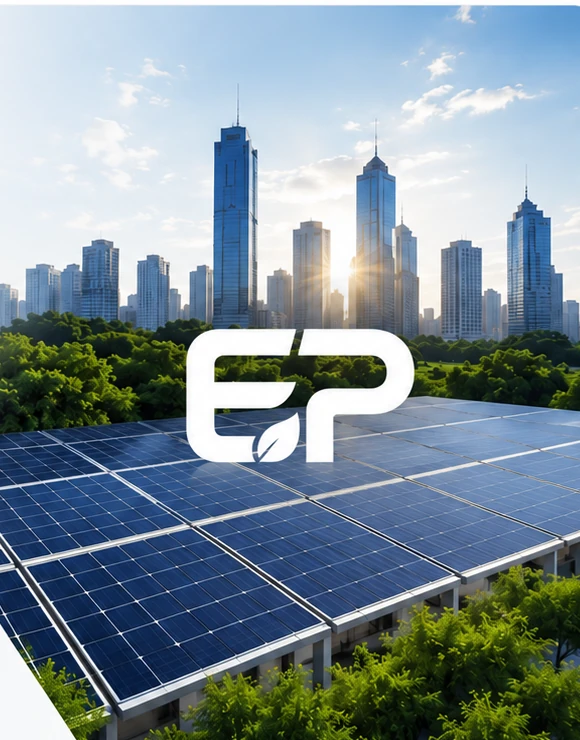 Enerji Partneri güneş panelleri, şehir ve EP marka görseli